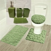 Complete Bathroom Set 7PC Rock Sage Super Soft Memory Foam 1 Bath Mat, 1 Contour Non Slip , 1 Lid Cover with Matching + Ceramic Accesories Set For Bathroom