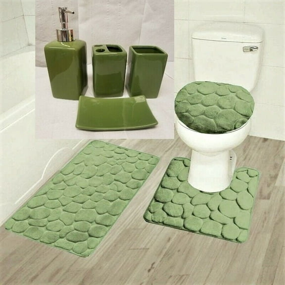 Complete Bathroom Set 7PC Rock Sage Super Soft Memory Foam 1 Bath Mat, 1 Contour Non Slip , 1 Lid Cover with Matching + Ceramic Accesories Set For Bathroom