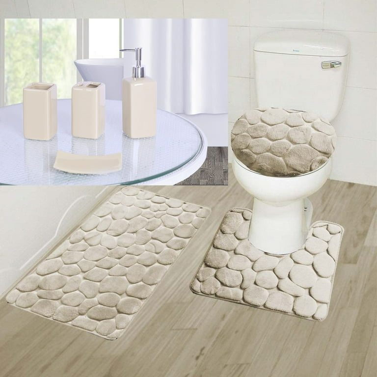 Complete Bathroom Set 7PC Rock Taupe Super Soft Memory Foam 1 Bath Mat 1 Contour Non Slip 1 Lid Cover with Matching Ceramic Accesories Set For