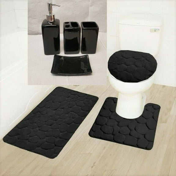 Complete Bathroom Set For Bathroom 3PC Rug Rock Black Memory Foam 1 Mat/ 1 Contour Non Slip , 1 Lid Cover with Matching + 4pc Ceramic Accesories