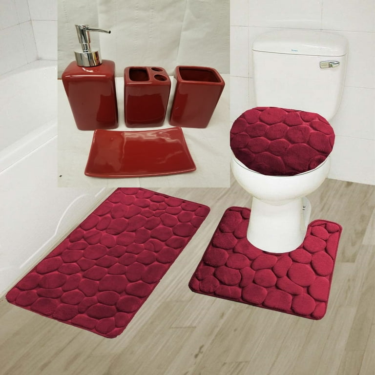 Voss 3 Piece Rock Memory Foam Bathroom Mat Set Flannel Embossed Rug Mat Toilet Lid Cover 19 Bathroom Toilet Mat for Extra Large Bath Mats for Bathroom