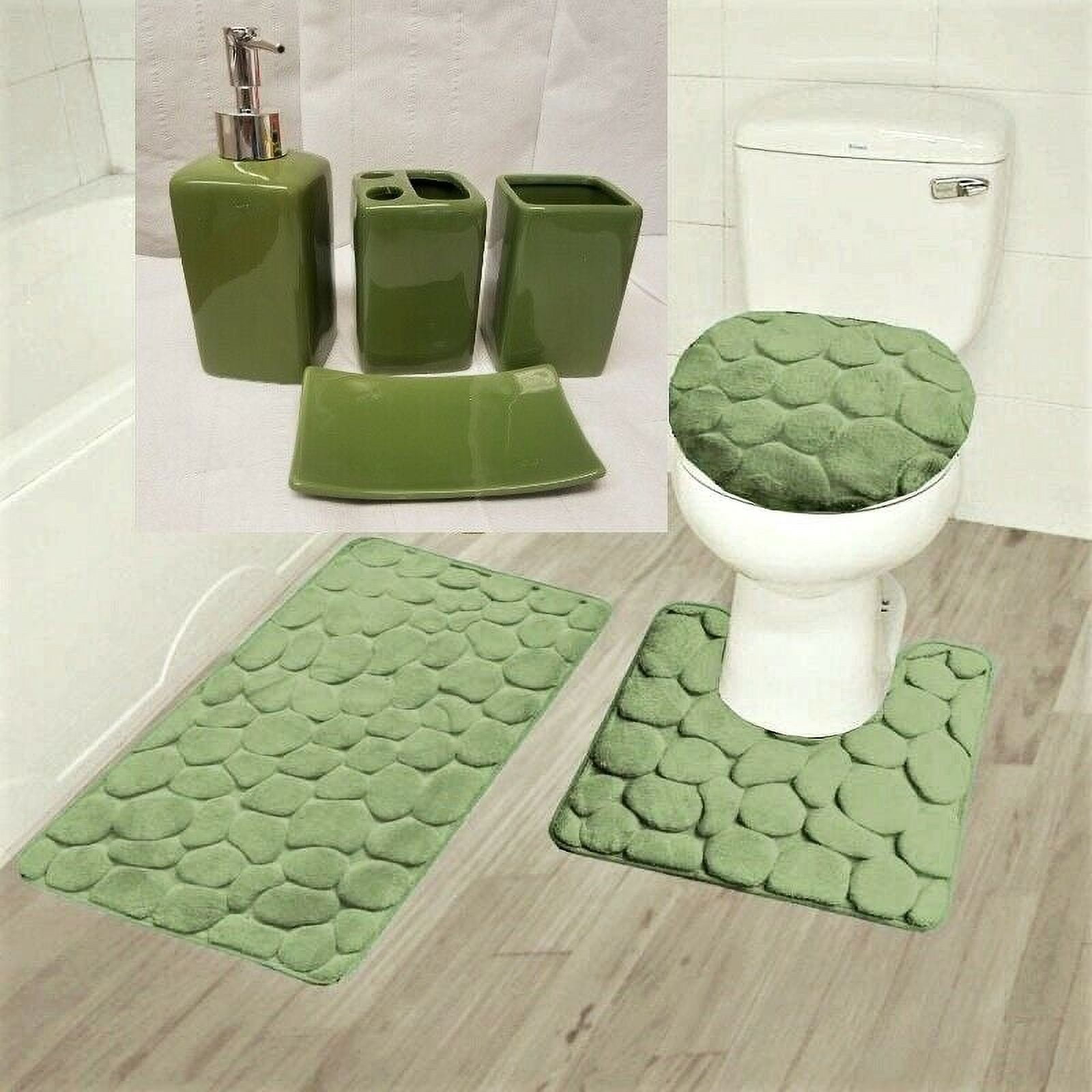 Complete Bathroom Set For Bathroom 3PC Rug Rock Sage Memory Foam 1 Mat/ 1 Contour Non Slip , 1 Lid Cover with Matching + 4pc Ceramic Accesories
