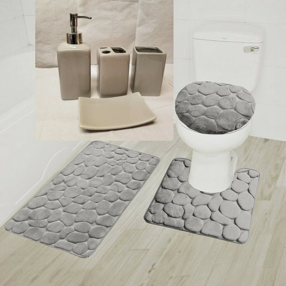 Complete Bathroom Set For Bathroom 3PC Rug Rock Silver Memory Foam 1 Mat/ 1 Contour Non Slip , 1 Lid Cover with Matching + 4pc Ceramic Accesories