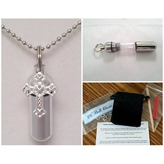 Complete Beautiful Silver Lace CROSS CREMATION URN with Engraved Heart - Includes Velvet Pouch, Ball-Chain, Fill-Kit, Instructions