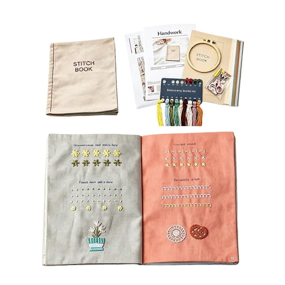 Complete Beginner Embroidery Stitch Book Kit, Fabric Practice Sewing Handbook with Full Needlework Supplies, Portable DIY Hand Stitch Craft Set for Adults Hobbyist Home Art Projects