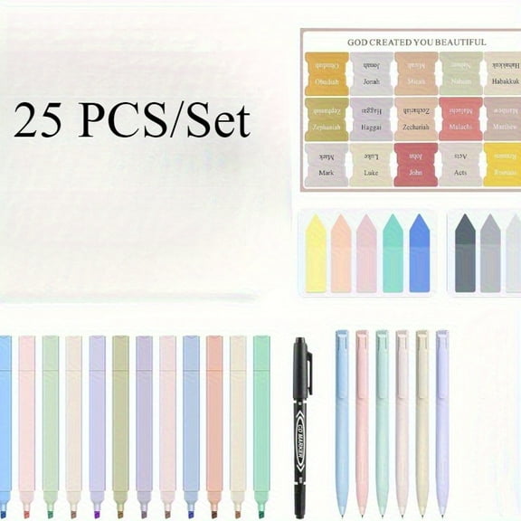 Complete Bible Study Kit 25-Pcs, Non-Bleed Highlighters & Pens with Laminated Tabs for Scripture Study
