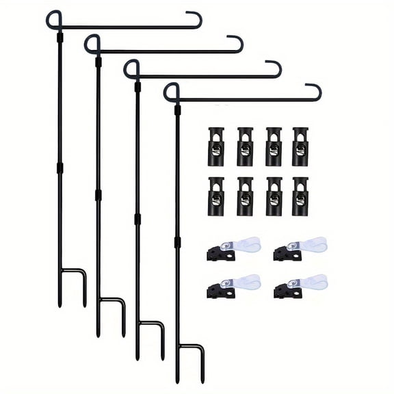 Complete Black Wrought Iron Garden Flag Pole Set - Outdoor Decorative Display Kit with 2 Heavy-Duty Poles, 2 Windproof Clips, 4 Secure Fasteners