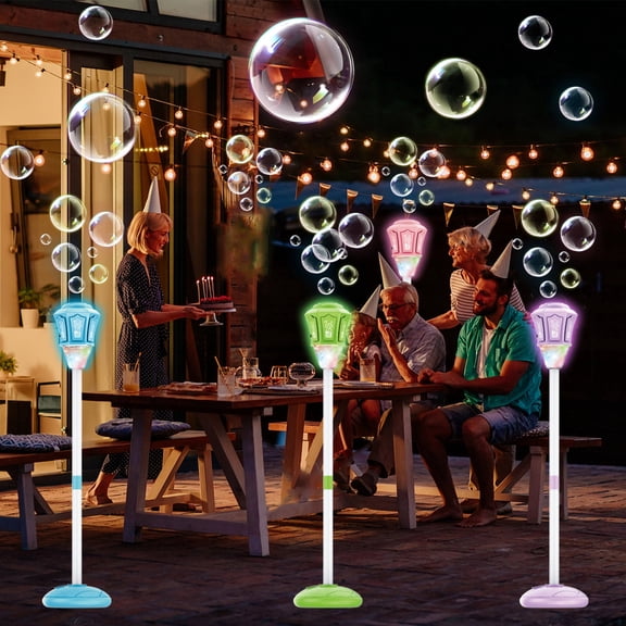 Complete Bubble Party Set – Standing Automatic Bubble Blower with Lights and Music – Rechargeable Outdoor Bubble Machine for Garden, Camping, Parties (A2-Blue)