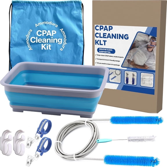 Complete CPAP Cleaning Kit, 6.5 ft Tube Cleaning Brushes Compatible with 15mm and 20mm Hose, Cleaner Supplies for CPAP Hose and Mask with Collapsible Wash Basin, Hose Hangers & Clips