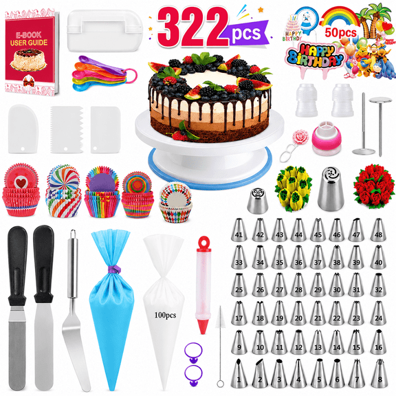 NATPLUS 322-Piece Cake Decorating Kit, Complete Baking Supplies Set with Rotating Turntable & Piping Tips, Professional Pastry Tools for Beginners & Cake Lovers, Cake Decorating Set