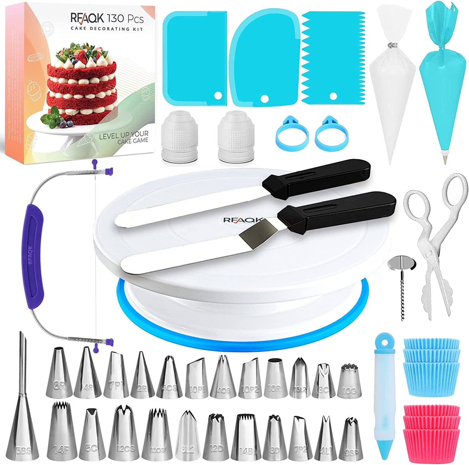 Complete Cake Decorating Kit with Non Slip Turntable and 24 Numbered Icing Tips Perfect for Beginners Includes Ebook Guide