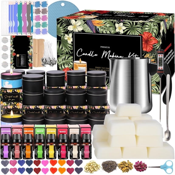 Complete Candle Making Kit, Candle Making Supplies, DIY Arts&Crafts Kits For Adults,Beginners,Including Bees Wax,Wicks,Rich Scents,Wick Clips,550ml Melting WaxPouring Pot,Thermometer,Spoon Etc.