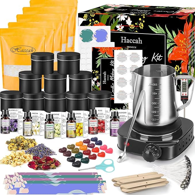 Complete Candle Making Kit with Wax Melter, Making Supplies,DIY Arts&Crafts Gift for Kids,Beginners,Adults,Including 500w Electronic Stove,Wicks,Rich Scents,Dyes,Melting Pot,Candle tins