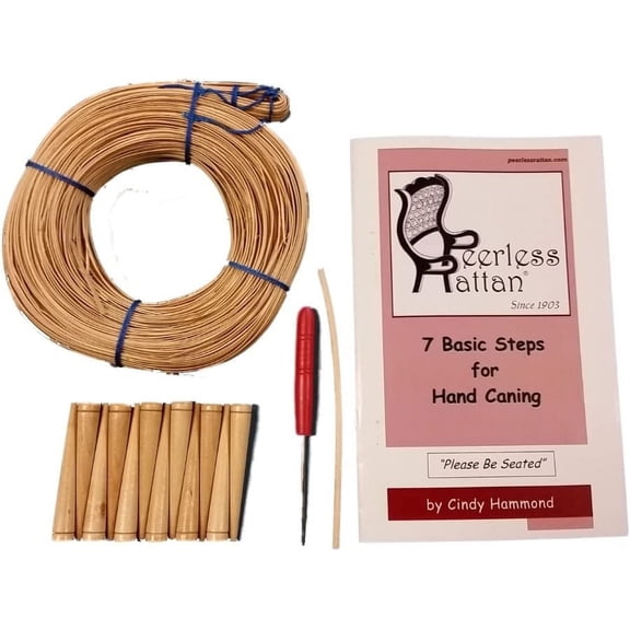 Complete Chair Caning Kit, Includes 270' of Cane, Awl, 12 Pegs, Full Color Instructions by Cindy Hammond, Pegging Material and 4mm Binder Strip (Superfine 2mm)