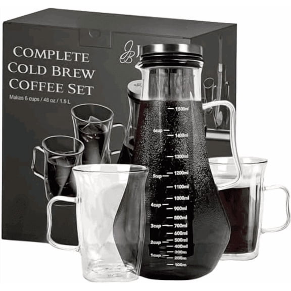 Complete Cold Brew Coffee Set  Cold Brew Coffee Maker Glass for Hot and Cool Drinks, Fridge Friendly  Glass Carafe, Stainless Steel Infuser, Double Wall Cups x2, & Cleaning Brush