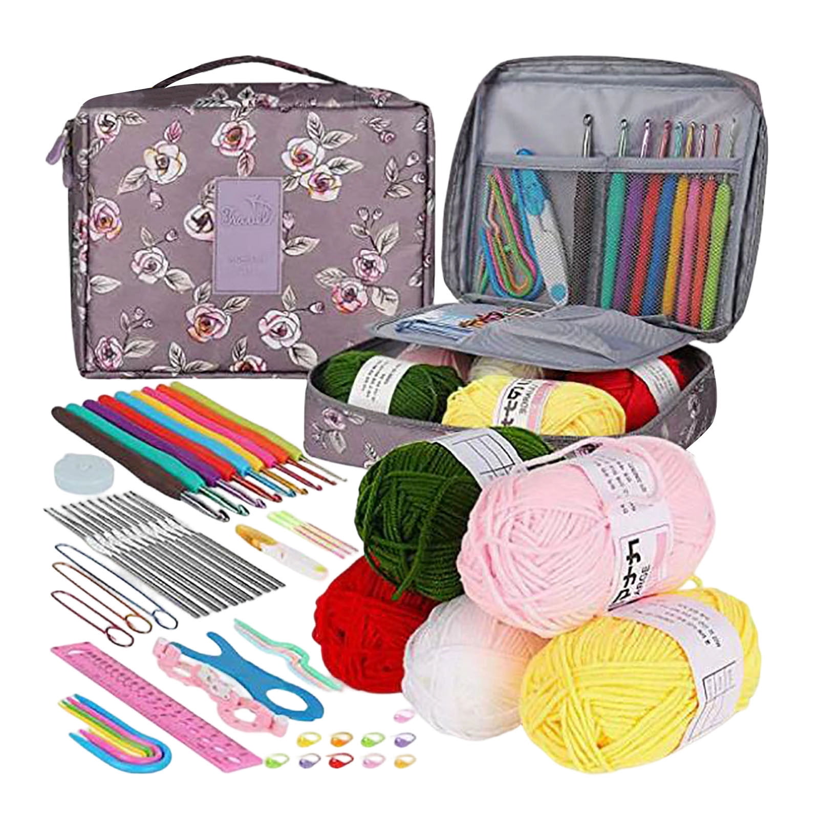 Complete Crochet Kit for Beginners Adults with 59-Piece Accessories, Ergonomic Soft Grip Crochet Hooks Set 2.0-6.0mm, Lace Steel Needles 0.6-1.9mm, 5 Yarn Balls, and Zippered Storage Case