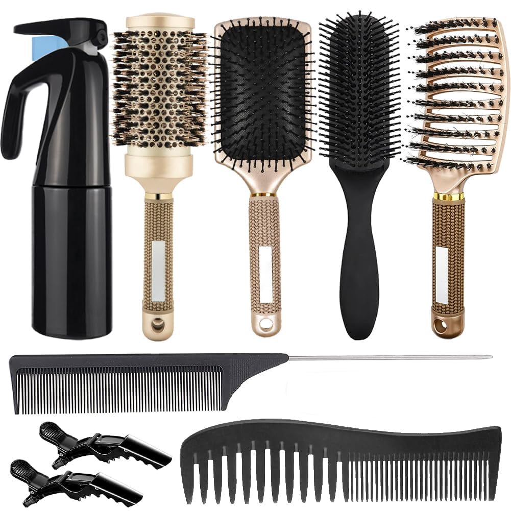 Complete Curly Hair Brush Set 8Pcs: Round & Paddle Brushes for Detangling Wet Thick Hair