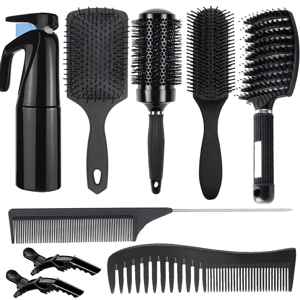 Complete Curly Hair Brush Set 8Pcs: Round & Paddle Brushes for Detangling Wet Thick Hair