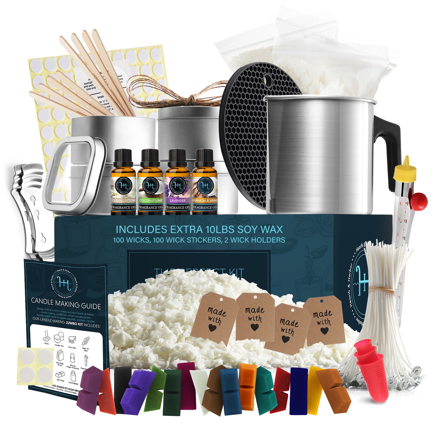 Complete DIY Candle Making Kit Supplies For Adults and Children - 16 Color Dyes, Fragrances, 12 Lbs. Soy Wax, Melting Pot, Thermometer, Tins, Cotton Wicks, Finger Protectors, Centering Devices & More