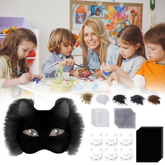 Complete DIY Cat Face Mask Making Kit with Blank Base Soft Faux Fabric Support Mesh, Versatile Creative Craft Set, Ideal for Kids Adults Halloween Costume Party Handmade Projects