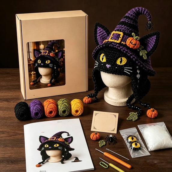 Complete DIY Crochet Kit for Beginners, Halloween Fantasy Hood Hat Craft Set with Yarn, Hook, Instructions and Gift Box(style:F)