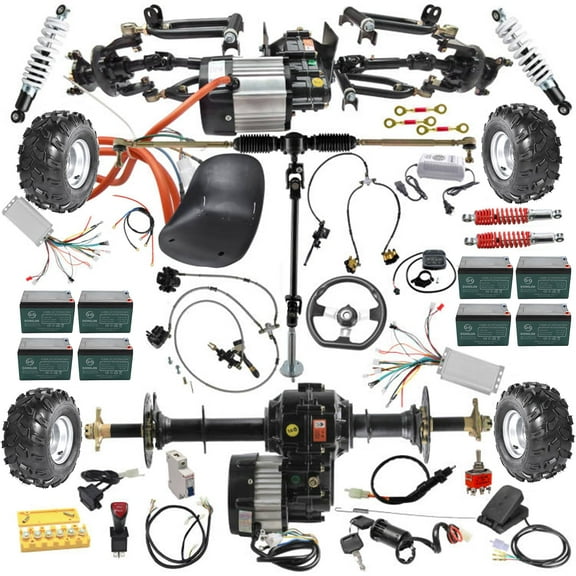Complete DIY Go Kart Assembly Kit, 4 Wheel Drive Kit, 40" Rear Axle, 48V 1000W Motor Differential, Battery, 8" Wheels, Steering Kit, Shock Swing Arm, Brake for Golf Cart, ATV, 4 Wheelers