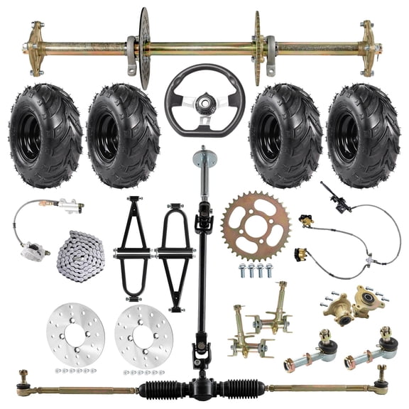 Complete DIY Go Kart & Drift Trike 32" Rear Axle Kit with 145/70-6" Wheel Tires Brake Assembly Steering Rack Accessories, Shock Swingarm, Hub, Spindles for ATV, Quad, & Golf Carts Buggy