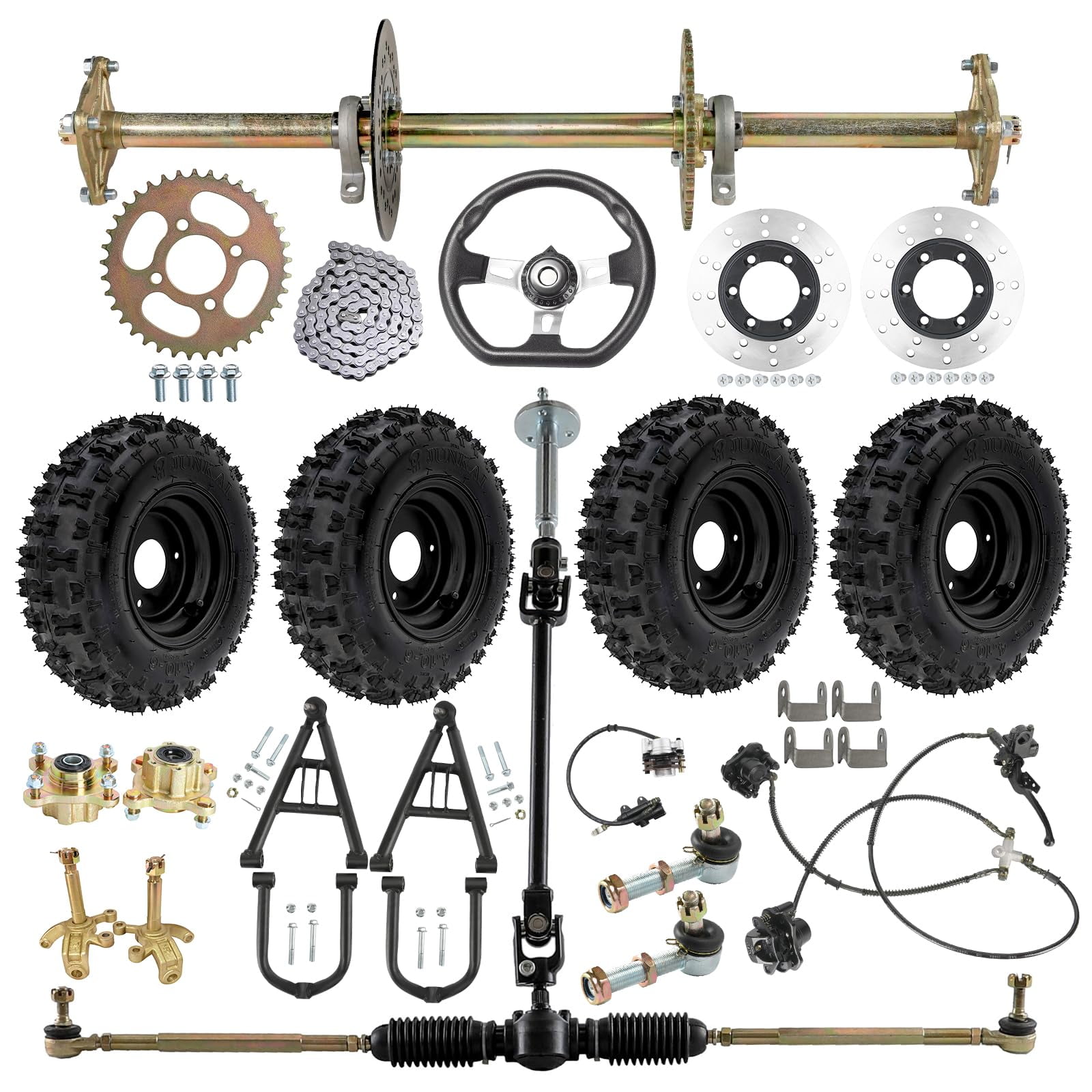 Complete DIY Go Kart & Drift Trike 32" Rear Axle Kit with 4.10-6" Wheel Tires Front & Rear Brake Set up Steering Rack Accessories, Shock Swingarm, Hub, Spindles for ATV, Quad, & Golf Carts Buggy