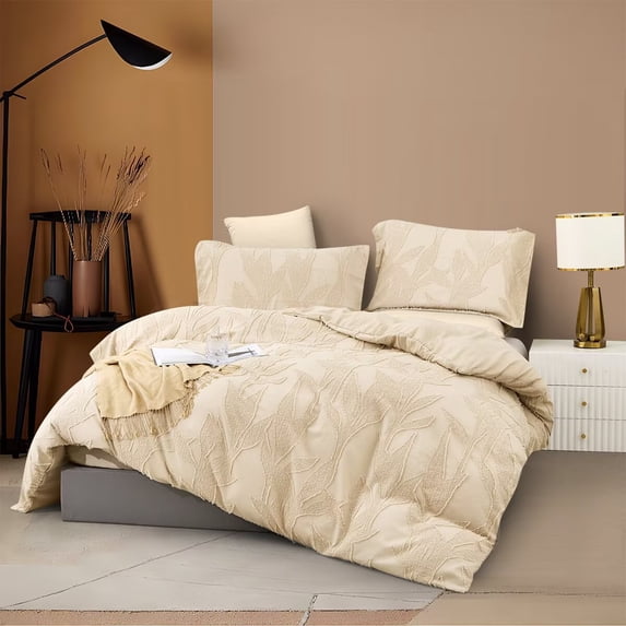 Complete Duvet Cover Set with Embossed Bamboo Motif Modern Botanical Bedding Set, Twin Size Duvet Cover With 2 Pillowcase, Beige