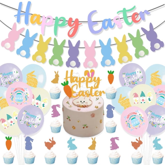 Complete Easter Cake Decoration Kit - Banner Cupcake Toppers Set - Spring Party Dessert Decor - Holiday Festival Baking Supplies Home Kitchen Ornament Seasonal Celebration Accessories DIY Favors