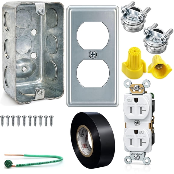 Complete Electrical Outlet Box Installation Kit  Tamper & Weather Resistant Duplex Receptacle, Metal Electrical Box with Cover, Wire Nuts, Clamp Connector, Ground Pigtail & Electrical Tape 2X4 Kit