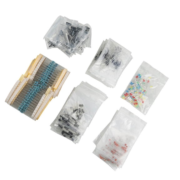 Complete Electronic Components Set with Assorted LEDs, Diodes, Transistors, Electrolytic & Ceramic Capacitors, and Resistors Kit for Circuit Board Projects, 1390 Pieces, 7.87 inches / 20 cm Length