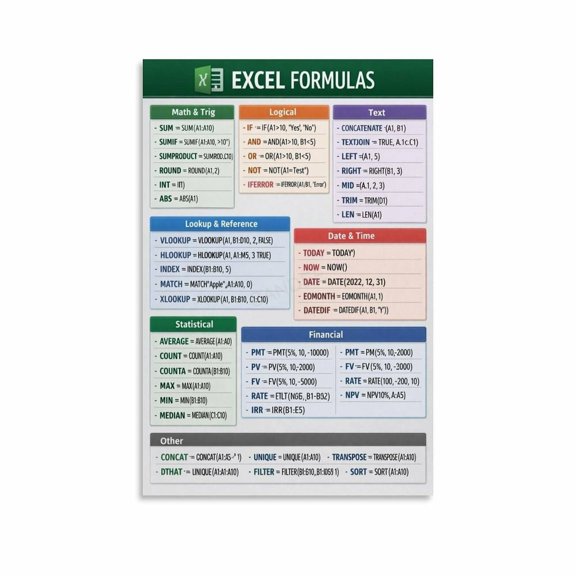Complete Excel Formulas Cheat Sheet Guide Poster Canvas for Living Room Bedroom Decor
