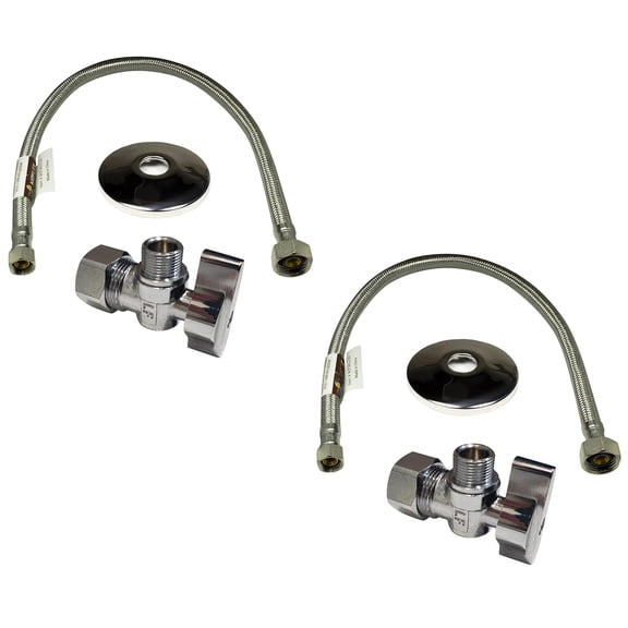 Complete Faucet Set Valve 1/2 In. Nom Inlet X 3/8 Od Outlet Angle Shut Off + Escutcheon Plate 20" Long Stainless Steel Braided Lavatory Water Supply Line (2 Pack)