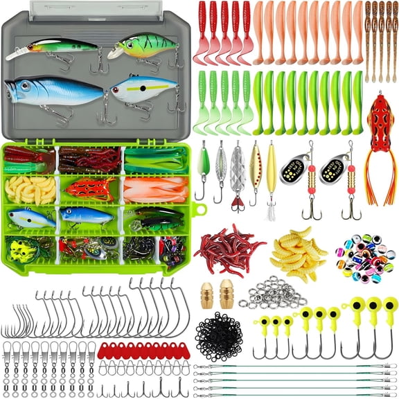 Complete Fishing Lures - Tackle Box with Tackle Included - Crankbaits, Minnows, Frogs, Vibes, Poppers, Spinners, Spoons, Soft Baits, Hooks & Weights Accessories Kit for Bass Panfish Trout
