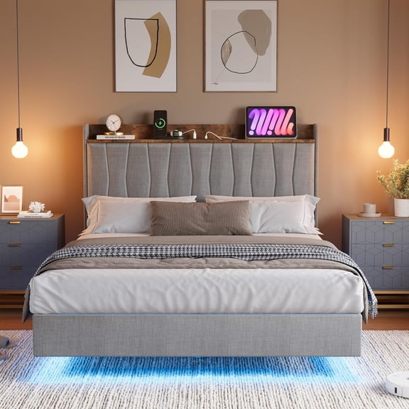 Complete Floating Bedroom Bed Frame Set – Modern Upholstered Platform with Storage Headboard, 1,200 lbs – No Box Spring – Full/Queen/King