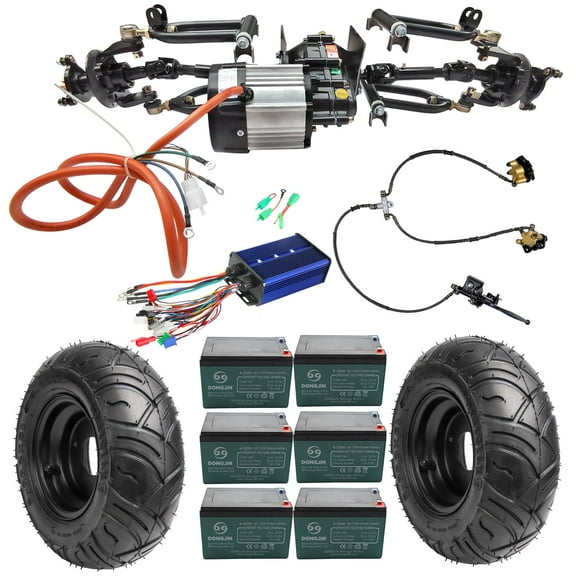 Complete Front Axle Kit 4 Wheel Drive Half Axle Assembly Shock Swingarm & 72V 1500W Differential Motor & Controller & 13x5.00-6 Wheels Tires for Go Kart ATV Quad Buggy Golf Cart Drift Trike