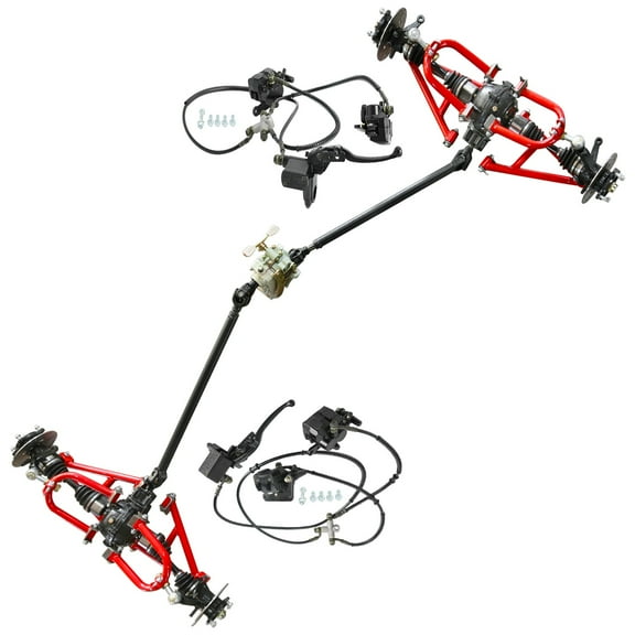 Complete Front and Rear Drive Set CV Axle Kit Shaft Assembly & Differential Transmission & Front Rear Suspension Swing Arm Swingarm Kit & Reverse Gearbox for DIY 4WD ATV Buggy Go Kart