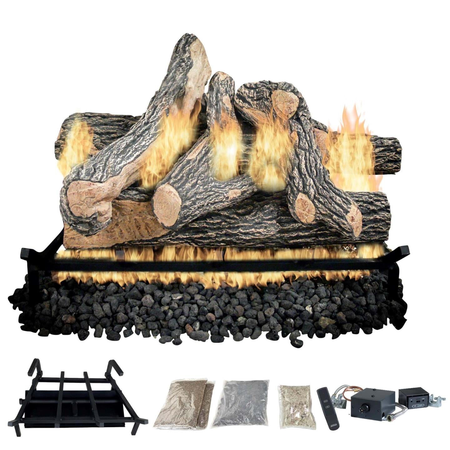 Complete Gas Log Kit W/Remote for Vented Fireplaces, Great Oak Design ...