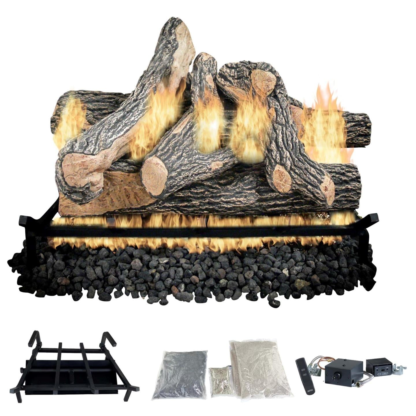 Complete Gas Log Kit W/Remote for Vented Fireplaces, Great Oak Design