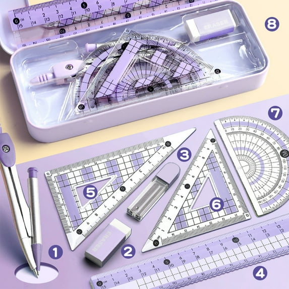 Complete Geometry Set - Shatterproof Storage Case 8-Piece Math Tools Protractor Compass Ruler Supplies Exam Essential Anti-Roll Design(Purple)