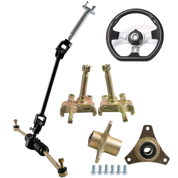 Complete Go Kart Steering Wheel Shaft Gear Rack Tie Rod Kit with Steering Wheel Front Wheel Axle Hubs Knuckle Spindles for Karting ATV UTV Drift Trike Golf Cart Quad Buggy Mower Four Wheeler Tricycle