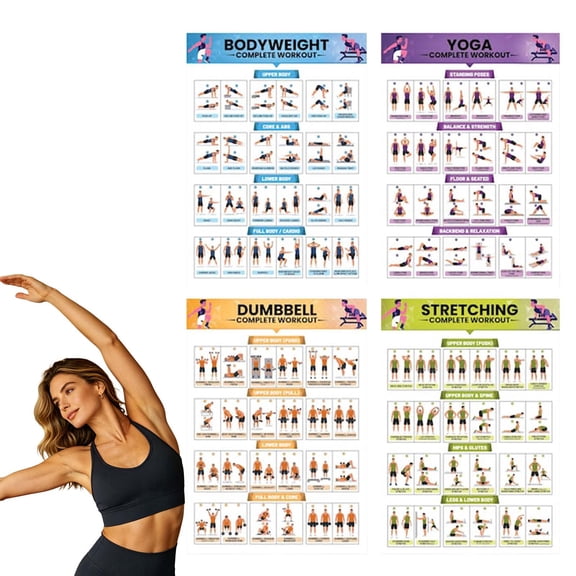 Complete Home Workout Poster Bundle 4 Sets Full Body Exercise Charts Bodyweight Yoga Dumbbell Stretching Laminated Chart