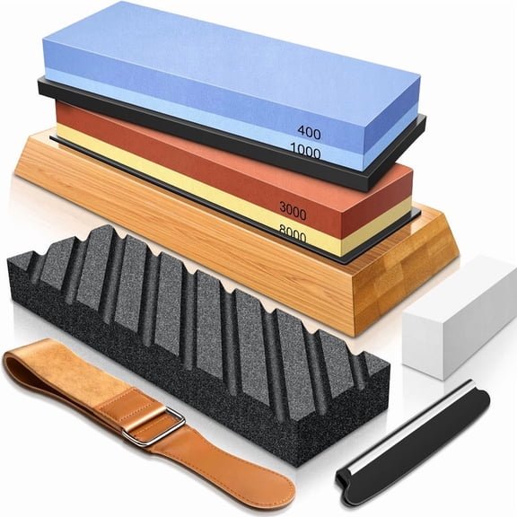 Complete Knife Sharpening Stone Set Dual Grit Whetstone 400/1000 3000/8000 Knife Sharpener with Leather Strop, Flattening Stone, Bamboo Base & Angle Guide