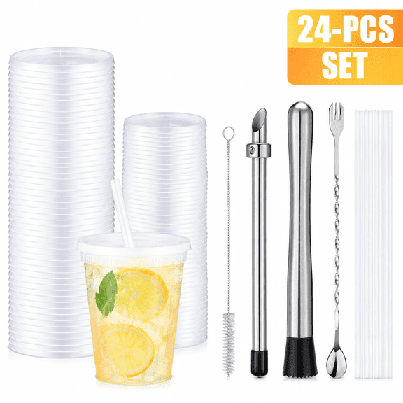 Complete Lemonade Drink Making Kit, 32 OZ Disposable Lemonade Cups with Lid & Straw, Straw Hole Punch Muddler Tool Set for Summer Gathering Mobile Beverage Cart