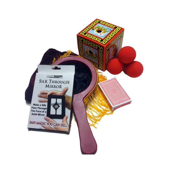 Complete Magic Set-Includes Zipper Change Bag, Red Sponge Balls, Dragon Production Box, Stripper Deck, Silk Thru Mirror