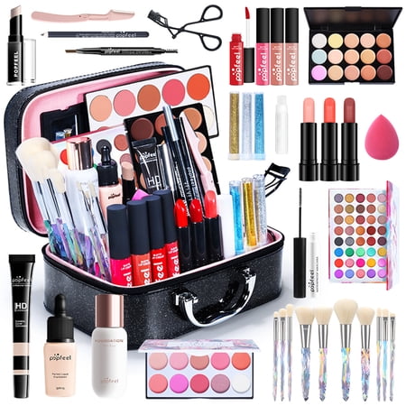 Complete Makeup Set All in One Makeup Kit, Eyeshadow Palette, Liquid Foundation, Eyeliner, Concealer, Lip Gloss, Eyebrow Pencil, Brushes, Storage Case