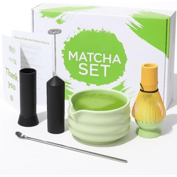 Complete Matcha Kit, 6-Piece Matcha Set with Matcha Bowl with Spout, Bamboo Whisk & Holder, Stainless Steel Spoon, Electric Frother, Matcha Whisk Set Starter Kit for Beginners & Tea Lovers