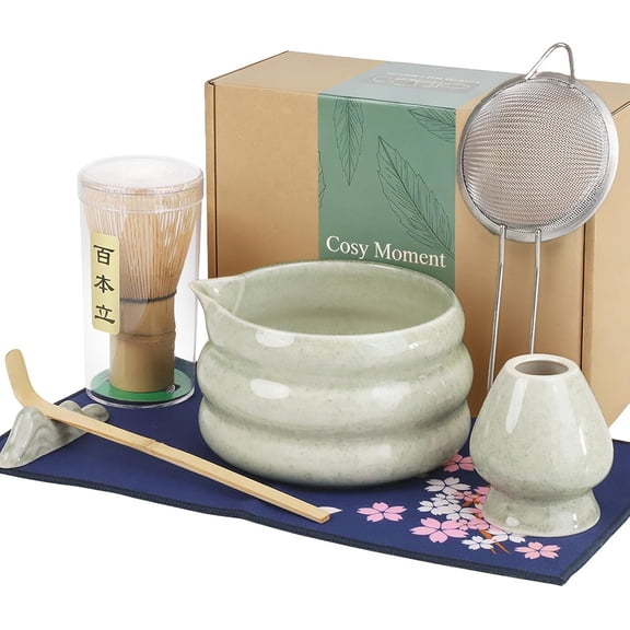 Complete Matcha Set - 7 count Matcha Starter Kit with Whisk, Ceramic Bowl, Scoop & Sifter, Towel, Holder, Matcha Set, for Beginners & Lovers