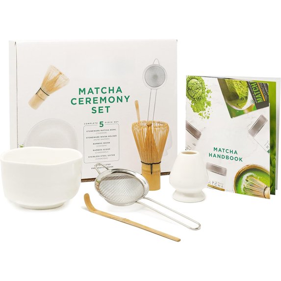 Complete Matcha Whisk Set - Ceremonial Gift Set Includes: Bamboo Matcha Whisk & Scoop, Stainless Steel Sifter, Stoneware Bowl & Whisk Holder, and Prep Guide